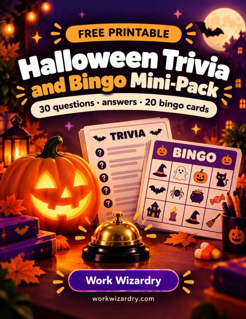 Halloween Trivia for Work: 100 Fact-Checked Questions With Answers, Workplace Rounds and a Free Pack 7 halloween trivia bingo mini pack cover