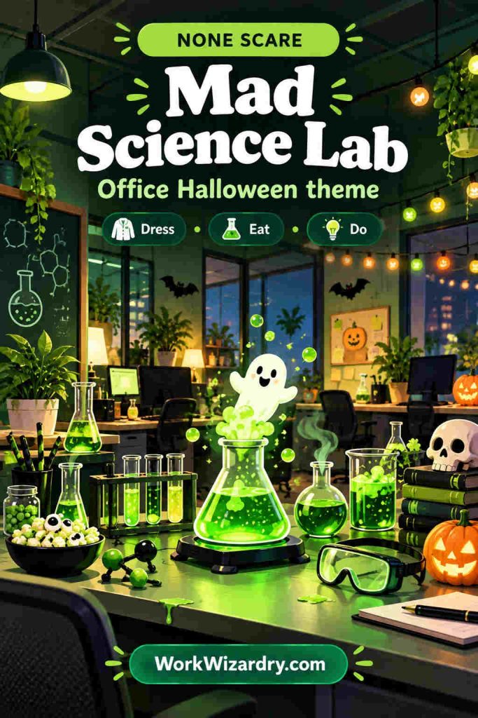 Office Halloween Ideas: 40 Ways to Celebrate at Work (Pick by Budget, Team and Time) 3 office halloween theme mad science lab