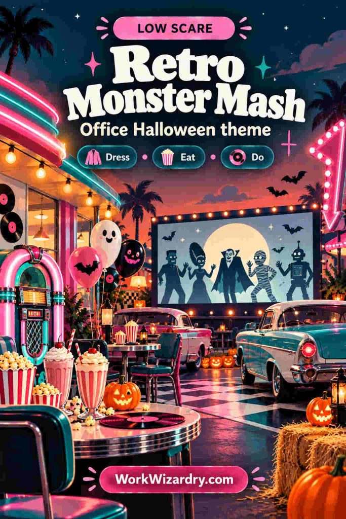 Office Halloween Ideas: 40 Ways to Celebrate at Work (Pick by Budget, Team and Time) 9 office halloween theme retro monster mash