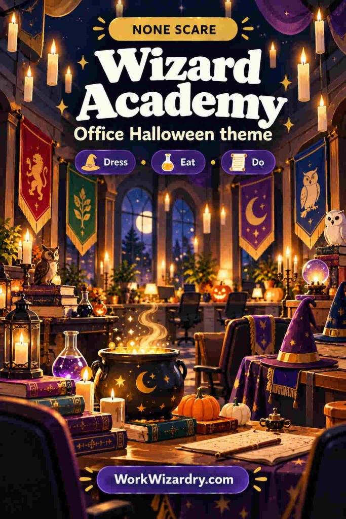 Office Halloween Ideas: 40 Ways to Celebrate at Work (Pick by Budget, Team and Time) 8 office halloween theme wizard academy
