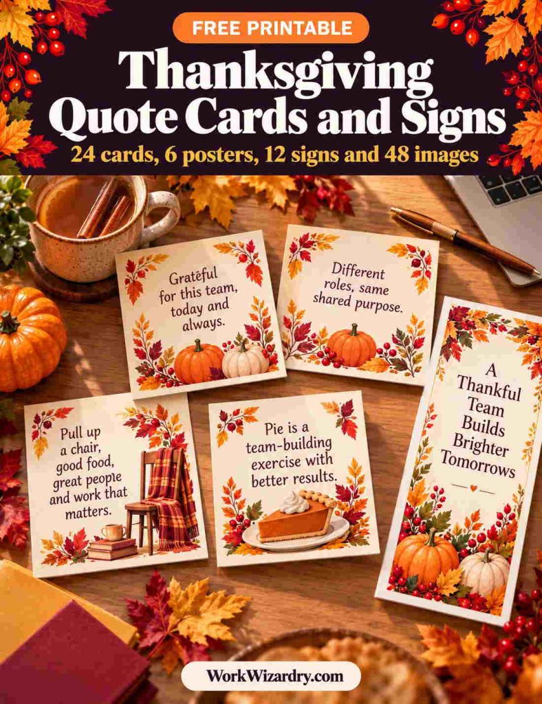 Thanksgiving Quotes for Work: 217 Original Quotes, Sayings and Captions to Share employees, coworkers 3 thanksgiving quote cards free pack cover