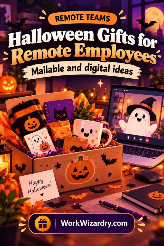 Halloween Gifts for Coworkers and Employees: 150+ Ideas by Budget, Role and Team (Rules, Costs and a Free Planner) 3 halloween gifts for remote employees pin 1000x1500 1