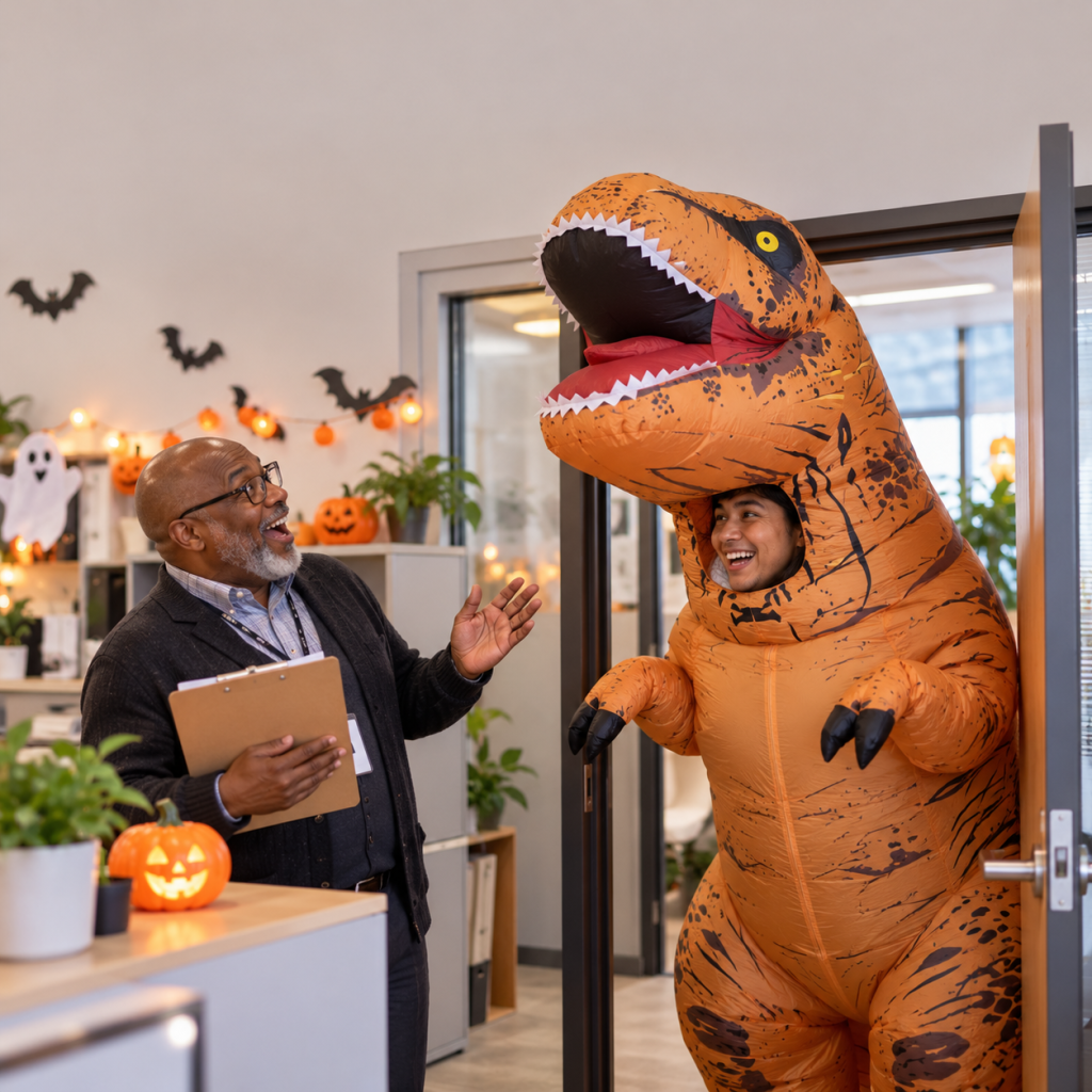 Halloween Work Memes: 60 Funny, Original Memes for Every Role (Share-Ready) 4 halloween work meme 02 hr meets a seven foot inflatable dinosaur at the
