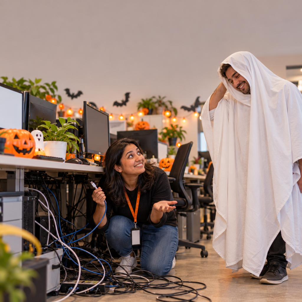 Halloween Work Memes: 60 Funny, Original Memes for Every Role (Share-Ready) 7 halloween work meme 05 it when a ghost sheet costume unplugs the whole