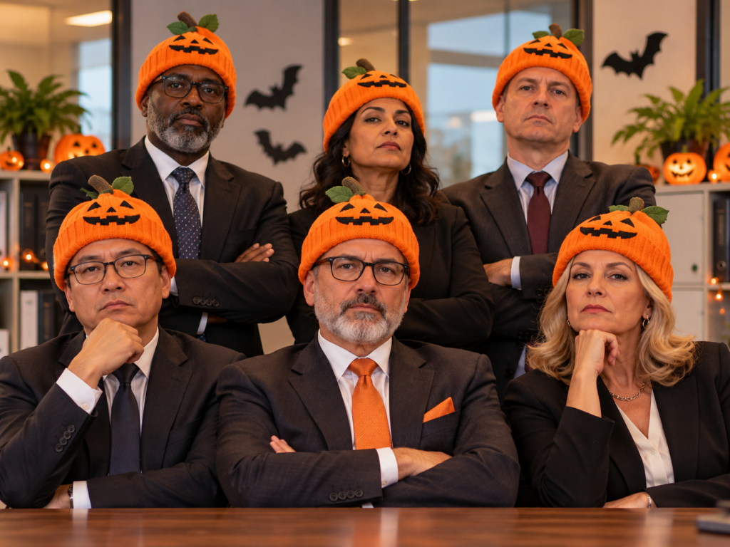 Halloween Work Memes: 60 Funny, Original Memes for Every Role (Share-Ready) 18 halloween work meme 15 leadership photo look serious everyone in pumpki