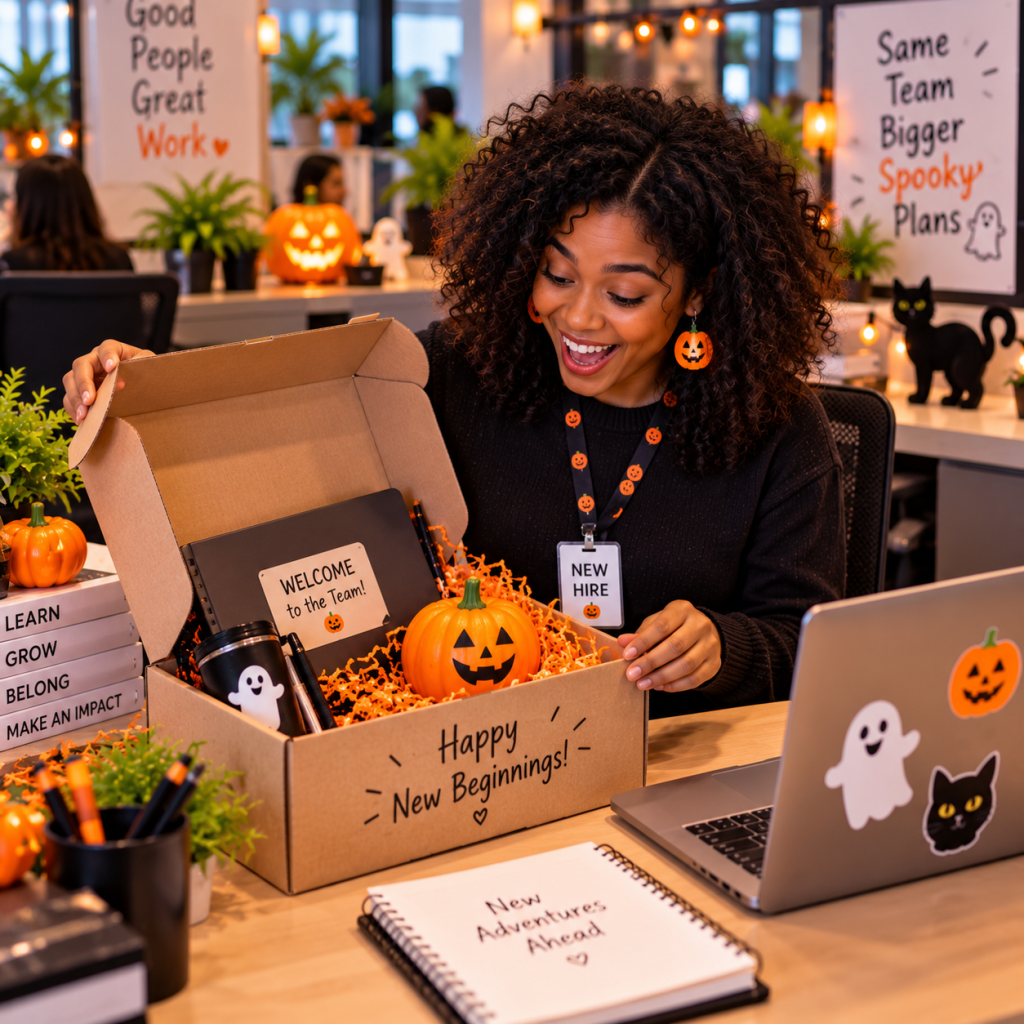Halloween Work Memes: 60 Funny, Original Memes for Every Role (Share-Ready) 37 halloween work meme 34 new hire first week badge laptop and a pumpkin