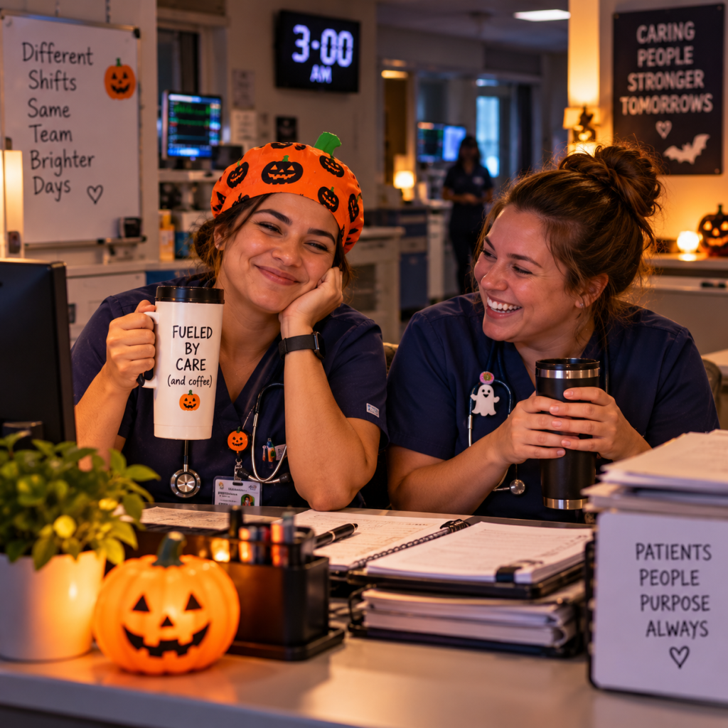 Halloween Work Memes: 60 Funny, Original Memes for Every Role (Share-Ready) 46 halloween work meme 43 nurses at 3 a m scrubs coffee and one pumpkin