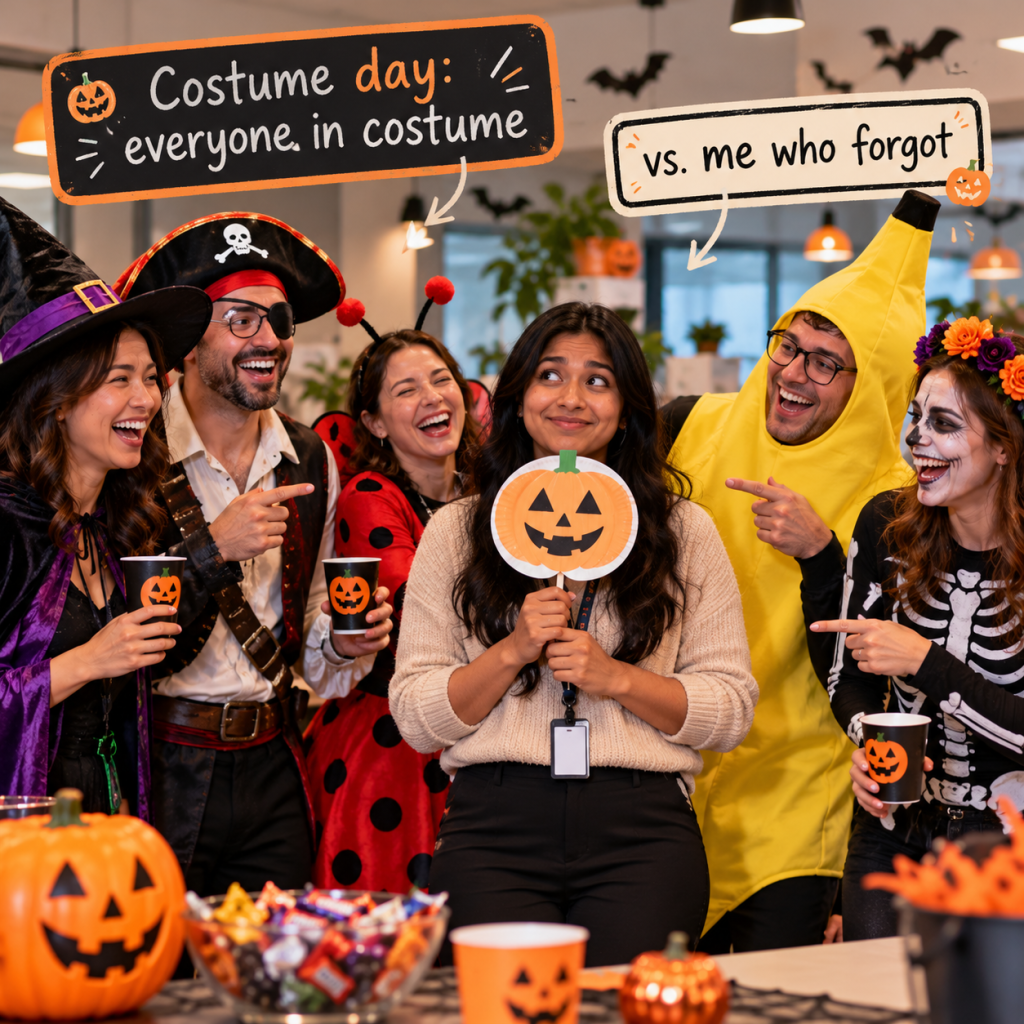 Halloween Work Memes: 60 Funny, Original Memes for Every Role (Share-Ready) 54 halloween work meme 51 costume day everyone in costume vs me who forgot