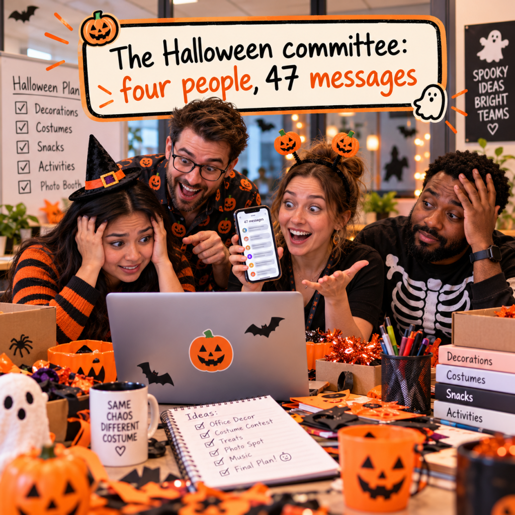 Halloween Work Memes: 60 Funny, Original Memes for Every Role (Share-Ready) 56 halloween work meme 53 the halloween committee four people 47 messages