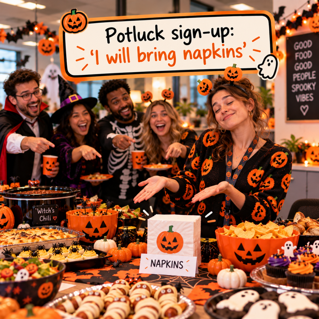 Halloween Work Memes: 60 Funny, Original Memes for Every Role (Share-Ready) 63 halloween work meme 60 potluck sign up i will bring napkins