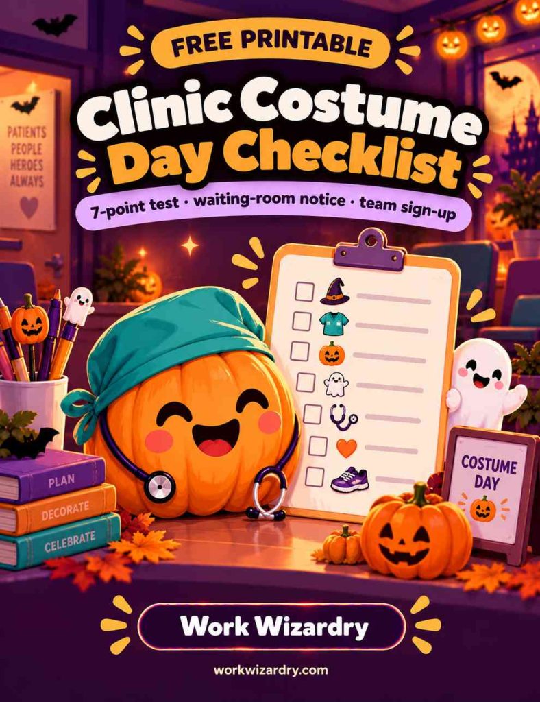 Medical Office Halloween Costume Ideas: 180+ Ideas for Doctors, Nurses, Dental, Pediatric and Every Clinic Role 7 clinic costume day checklist cover