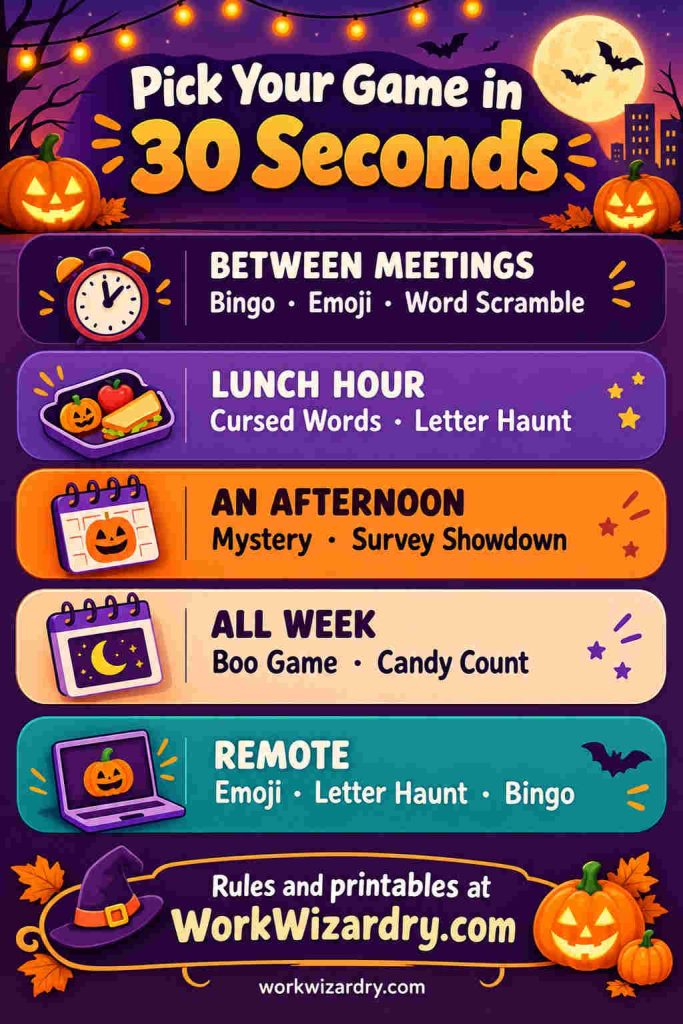 Halloween Office Games: 14 Easy Games for Work, With Rules, Scoring and Printable Materials 1 halloween office games pin 2 infographic 1000x2100 1