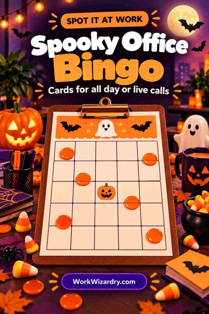 Halloween Office Games: 14 Easy Games for Work, With Rules, Scoring and Printable Materials 3 halloween office games pin bingo 1000x1500 1