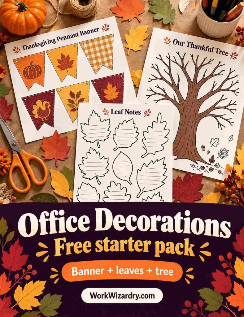 Thanksgiving Office Decoration Ideas: 40 Ways to Decorate Your Door, Desk, Bulletin Board and Party Table (With Free Templates) 6 thanksgiving office decorations starter pack cover