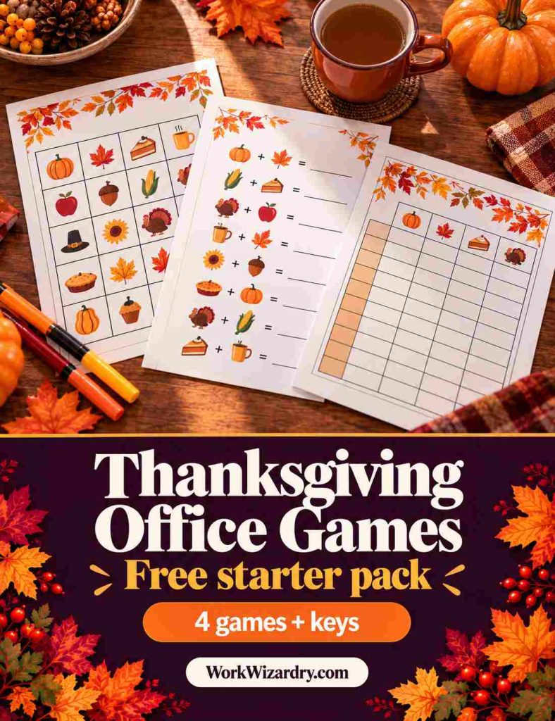 Thanksgiving Office Games: 24 Fun Games for Work Parties, Lunches and Remote Teams (With Rules, Scoring and Printables) 6 thanksgiving office games starter pack cover