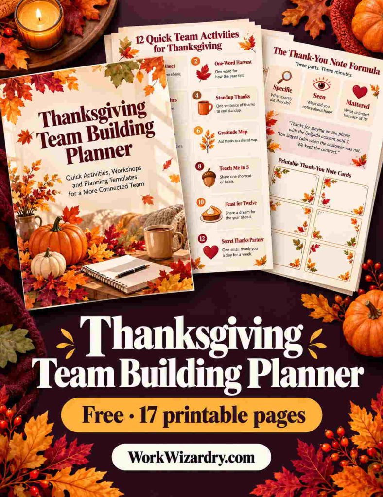 Thanksgiving Team Building Activities for Work: 20 Ideas That Build Trust (3 to 60 Minutes, In Person or Remote) 5 thanksgiving team building free planner cover