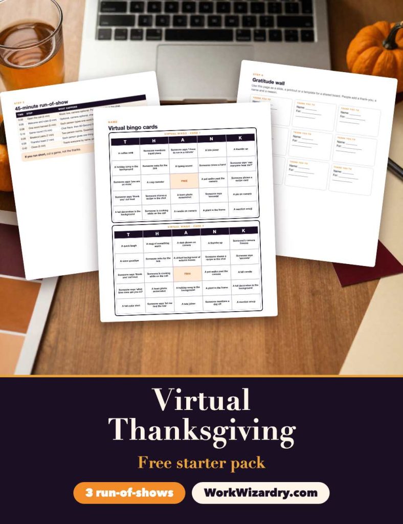 Virtual Thanksgiving Ideas for Work: 30 Ideas for Remote and Hybrid Teams (Parties, Games, Thank-Yous and Free Printables) 6 virtual thanksgiving starter pack cover